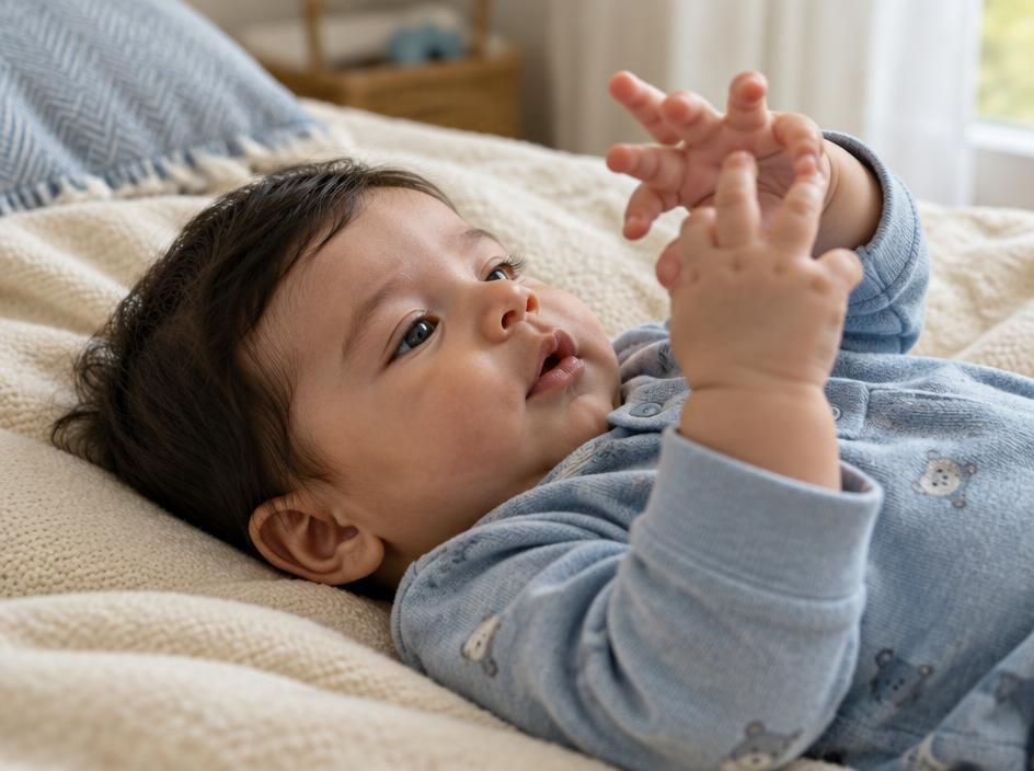 Bebê fictício observando as próprias mãos enquanto brinca